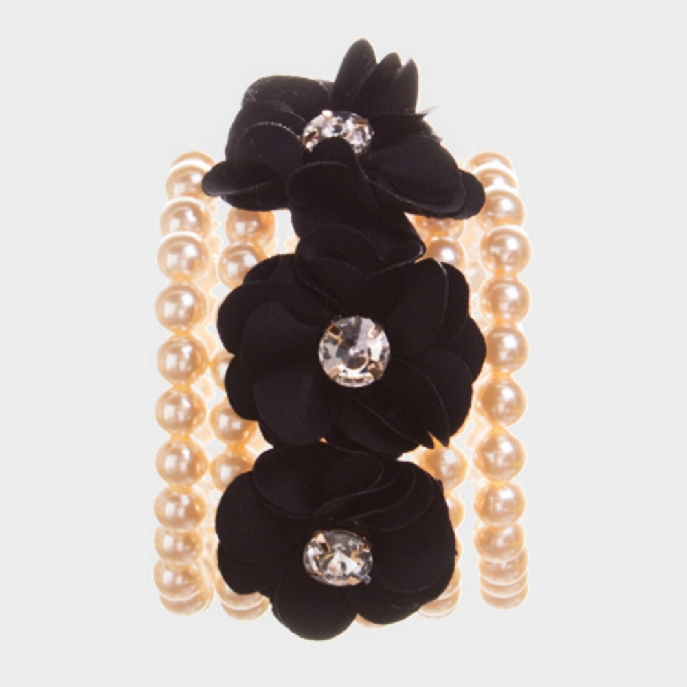 Black Cream Ball Detachable Flower Pearl Stretch Bracelets MultiLayered